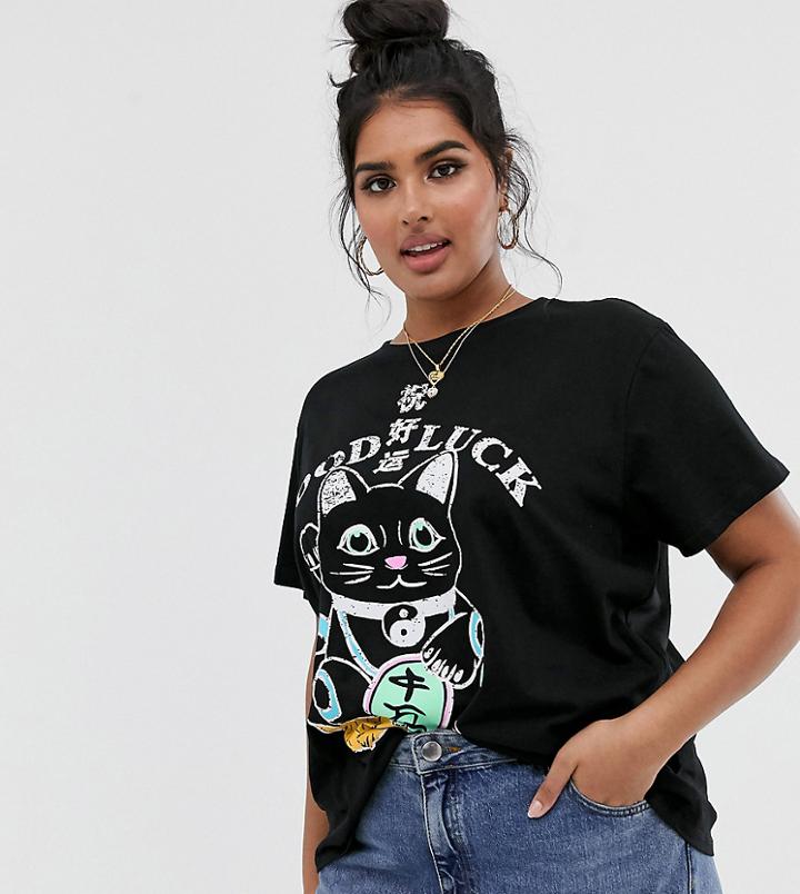 Asos Design Curve T-shirt With Lucky Cat Print In Black - Black