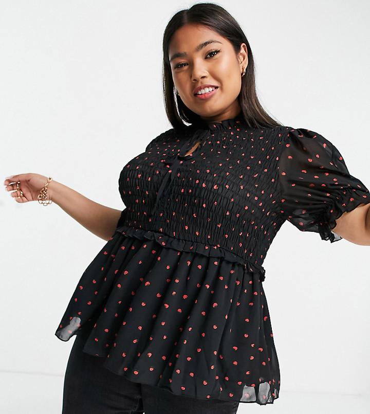 Simply Be Shirred Peplum Top In Black And Red Polka Dot-multi