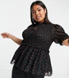 Simply Be Shirred Peplum Top In Black And Red Polka Dot-multi