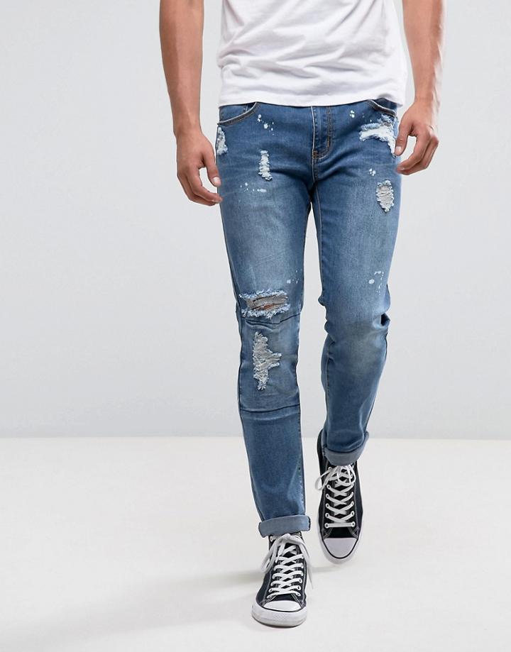 Liquor & Poker Mid Blue Wash Extreme Rip & Repair Slim Jeans - Blue