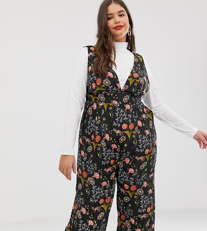 Neon Rose Plus Pinafore Jumpsuit In Botanical Animal Print-black