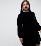 Asos Design Curve Exclusive Velvet Mini Skater Dress With 70's Sleeve And Embellished Neck - Black
