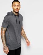 Asos Longline T-shirt With Hood And Kangaroo Pocket In Relaxed Fit - Charcoal Marl