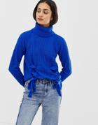 Qed London Lattice Front High Neck Sweater - Blue