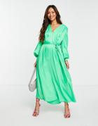 Asos Edition Super Trapeze Satin Midaxi Dress In Bright Green