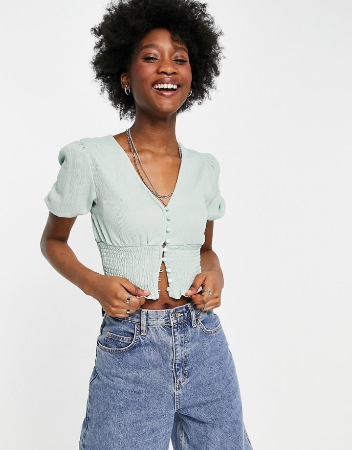 Monki Zanja Smocked Short Sleeve Top In Mint-green