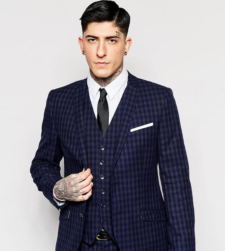 Heart & Dagger Tonal Check Suit Jacket In Super Skinny Fit - Blue