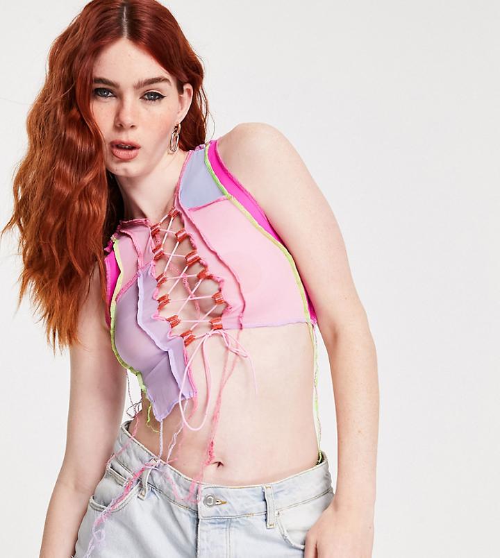 Kikiriki Crop Top In Patchwork Mesh With Lace Up Front-multi