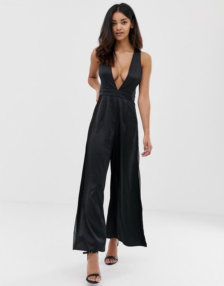 The Girlcode Wide Leg Plunge Front Jumpsuit With Sheer Mesh Panels In Black