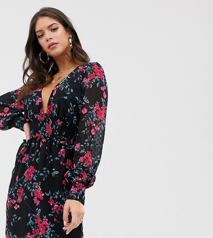 Fashion Union Tall Balloon Sleeve Plunge Dress In Sheer Dobby - Black