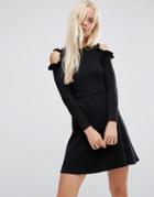 Asos Skater Dress With Frill Detail And Cut Out Shoulder - Black