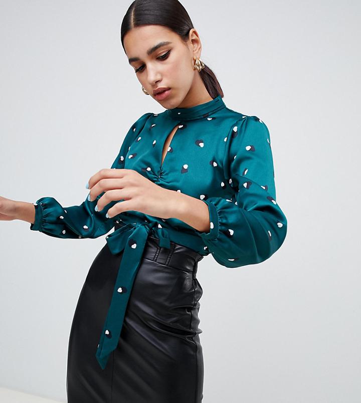 River Island Key Hole Blouse With Tie Waist In Green - Green