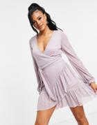 Club L London Sequin Wrap Asymmetric Frill Mini Dress In Lilac-purple