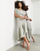 Asos Edition Satin Wrap Midi Dress With Ruched Detail In Sage Green