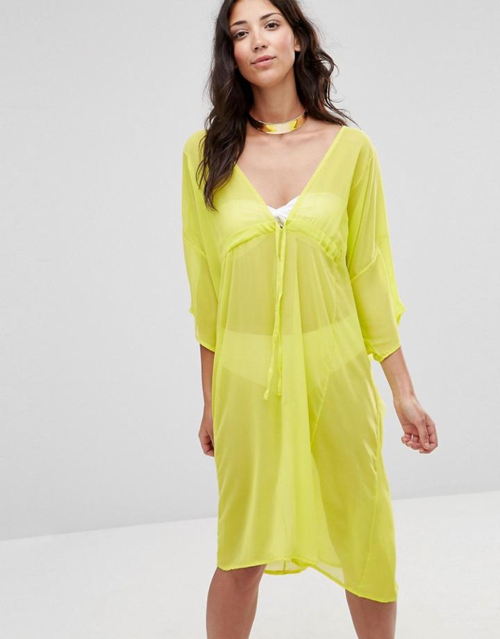 Twin Sister Midi Tie Up Caftan Dress - Lime
