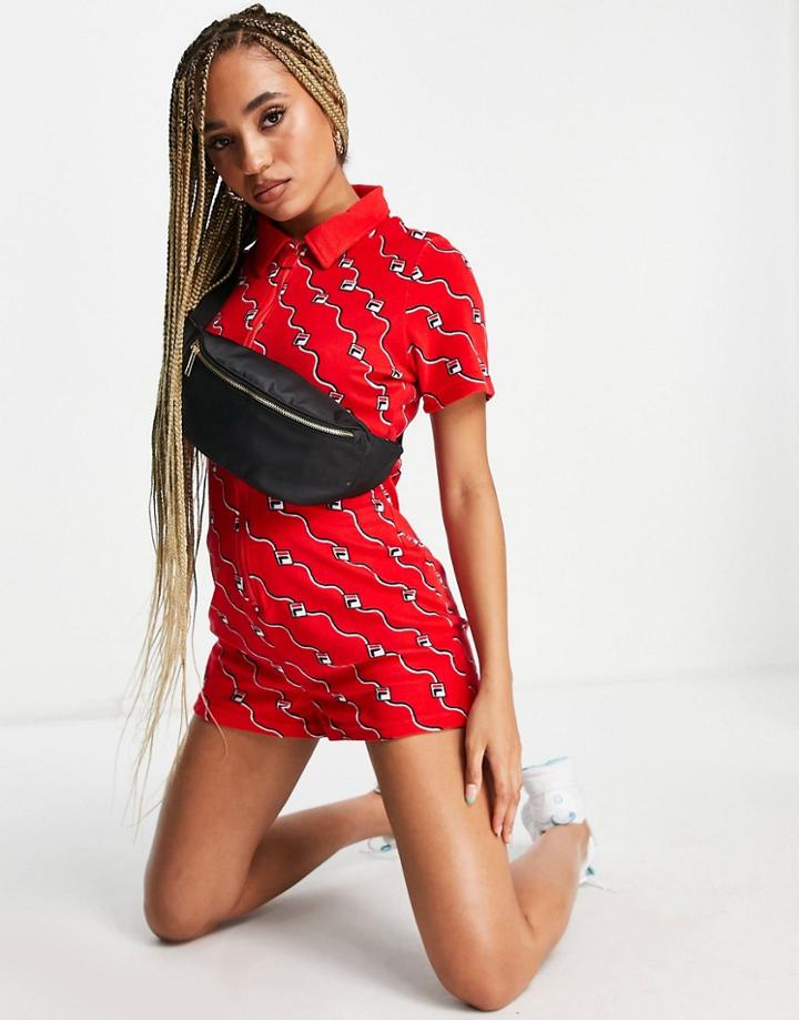 Fila All Over Logo Zip Front Romper In Red