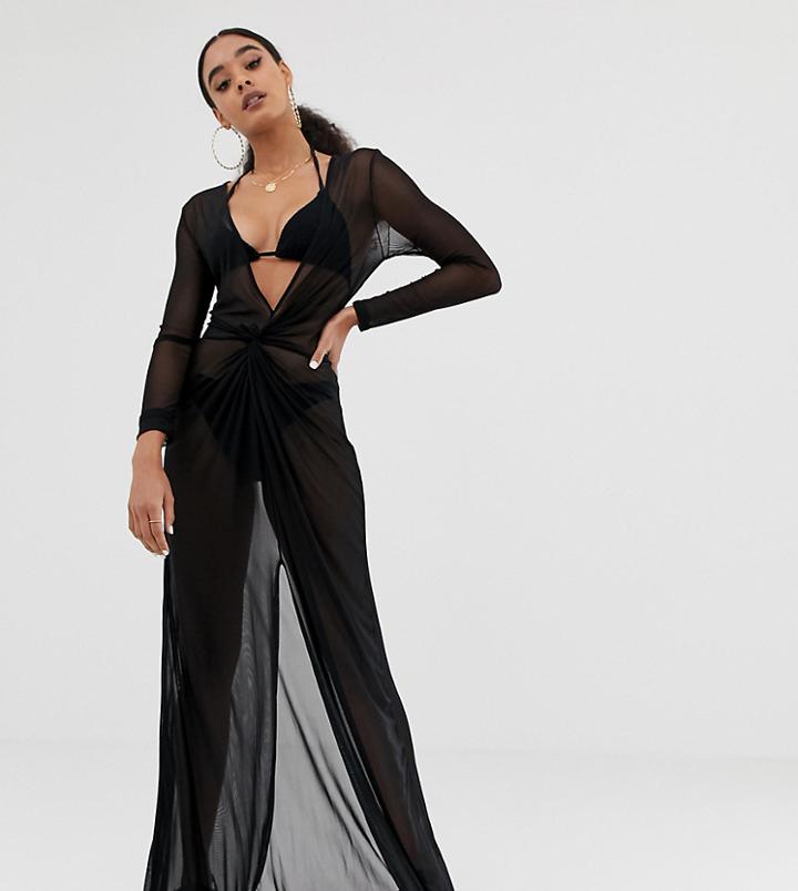 Missguided Mesh Plunge Beach Dress In Black - Black