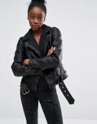 Only Bonded Faux Leather Biker Jacket With Lining - Black