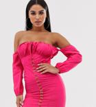 Club L London Petite Off Shoulder Mini Dress With Milkmaid Neck And Metal Hook Detail In Raspberry - Pink