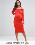 Asos Maternity Tall Origami Pleated Bardot Dress In Scuba - Red