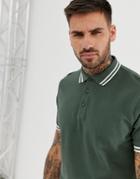 Asos Design Pique Polo Shirt With Tipping In Khaki - Green
