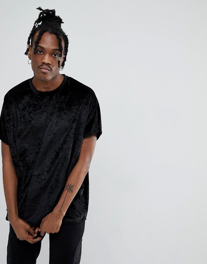 Asos Extreme Oversized T-shirt In Crushed Velour In Black - Black
