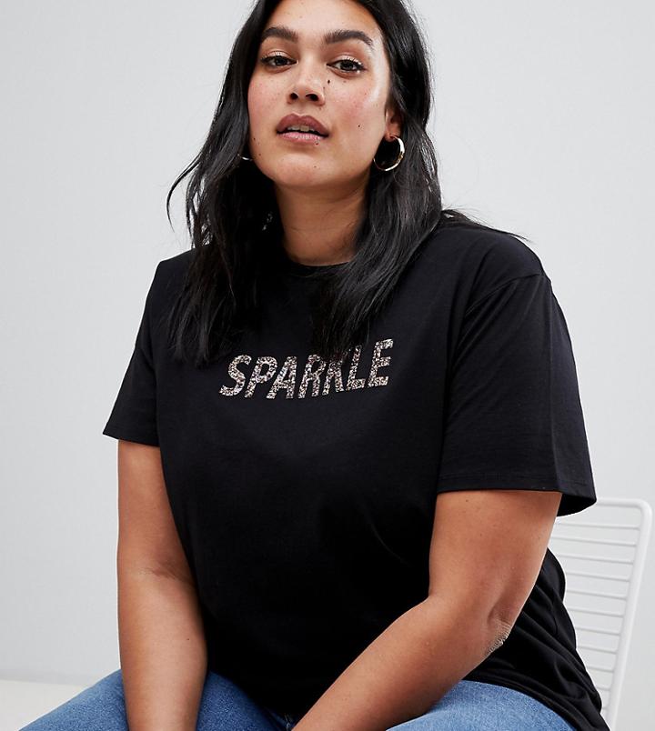 Asos Design Curve T-shirt With Glitter Sparkle Slogan - Black