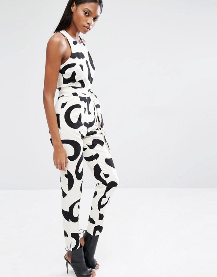 Lavish Alice Monochrome Abstract Print High Neck Tie Front Jumpsuit - Monochrome