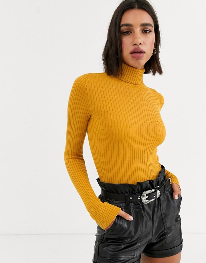 Beshka Basic Ribbed Roll Neck Sweater In Mustard-yellow