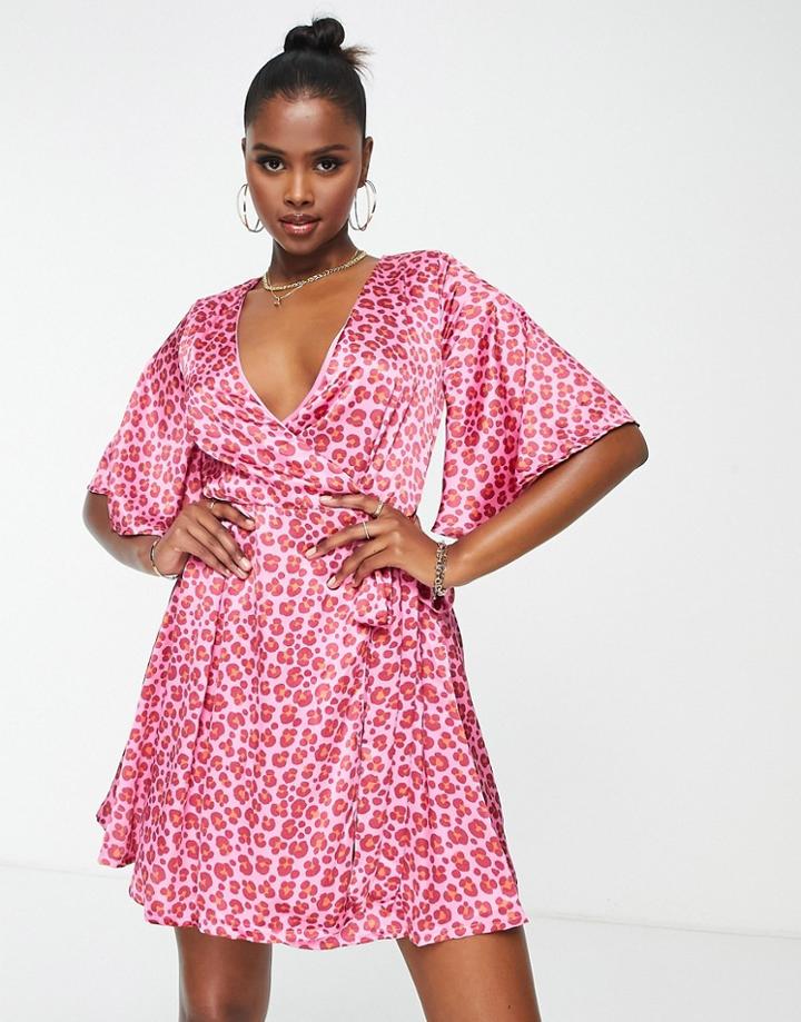 Liquorish Mini Wrap Dress In Pink Animal Print