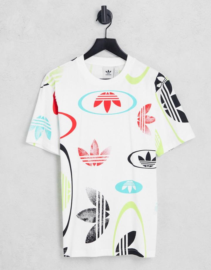 Adidas Originals All Over Trefoil Print T-shirt In White