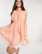 Y.a.s High Neck Mini Dress With Tie Bow Back In Peach-pink