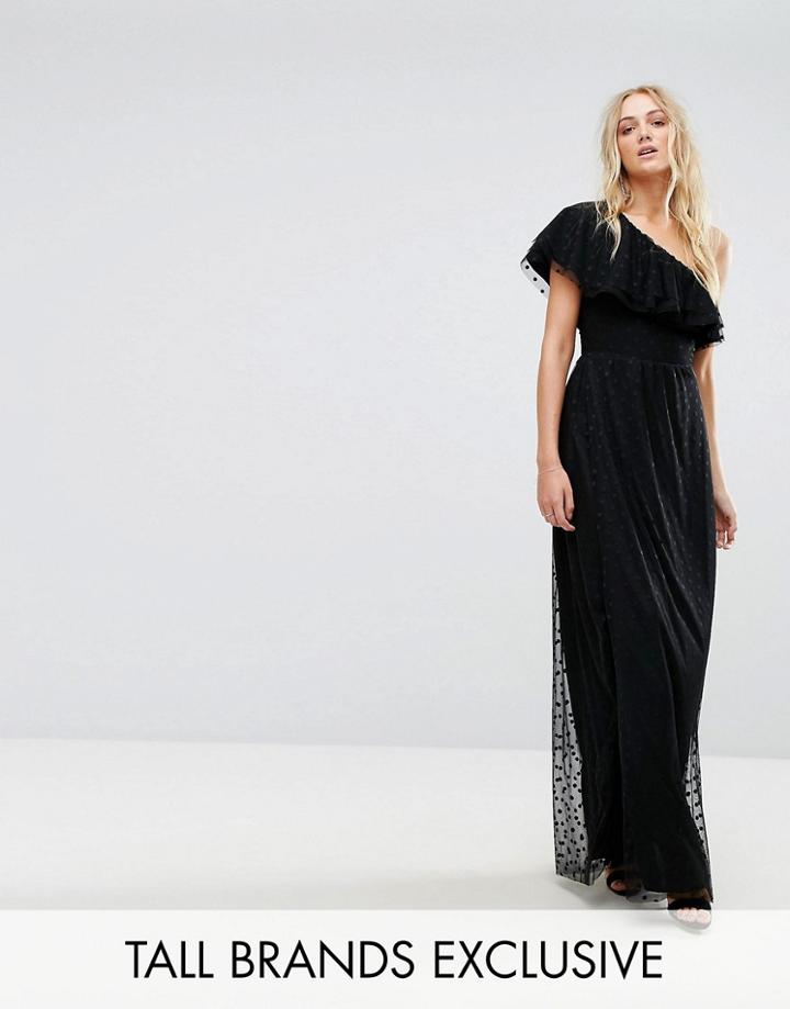 John Zack Tall One Shoulder Maxi Dress In Dotty Mesh - Black