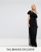 John Zack Tall One Shoulder Maxi Dress In Dotty Mesh - Black