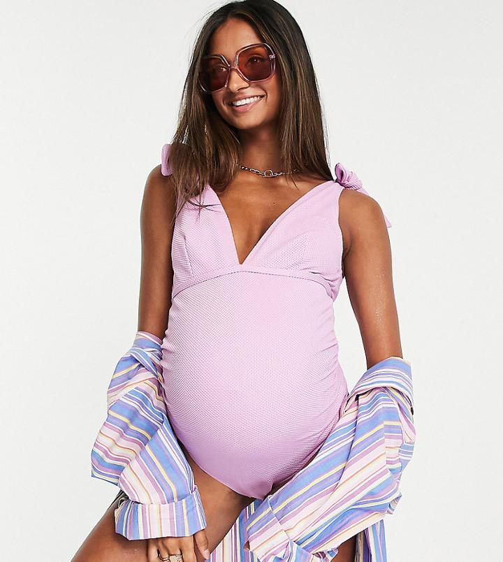 Peek & Beau Maternity Exclusive Swimsuit With Tie Shoulder Detail In Textured Lilac-purple