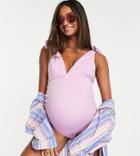 Peek & Beau Maternity Exclusive Swimsuit With Tie Shoulder Detail In Textured Lilac-purple
