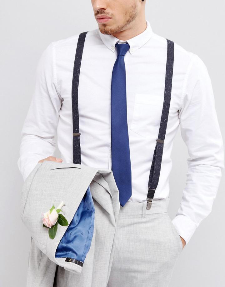Asos Wedding Suspenders In Navy Herringbone - Navy