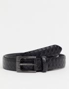 Asos Design Slim Belt In Black Faux Leather With Weave Emboss
