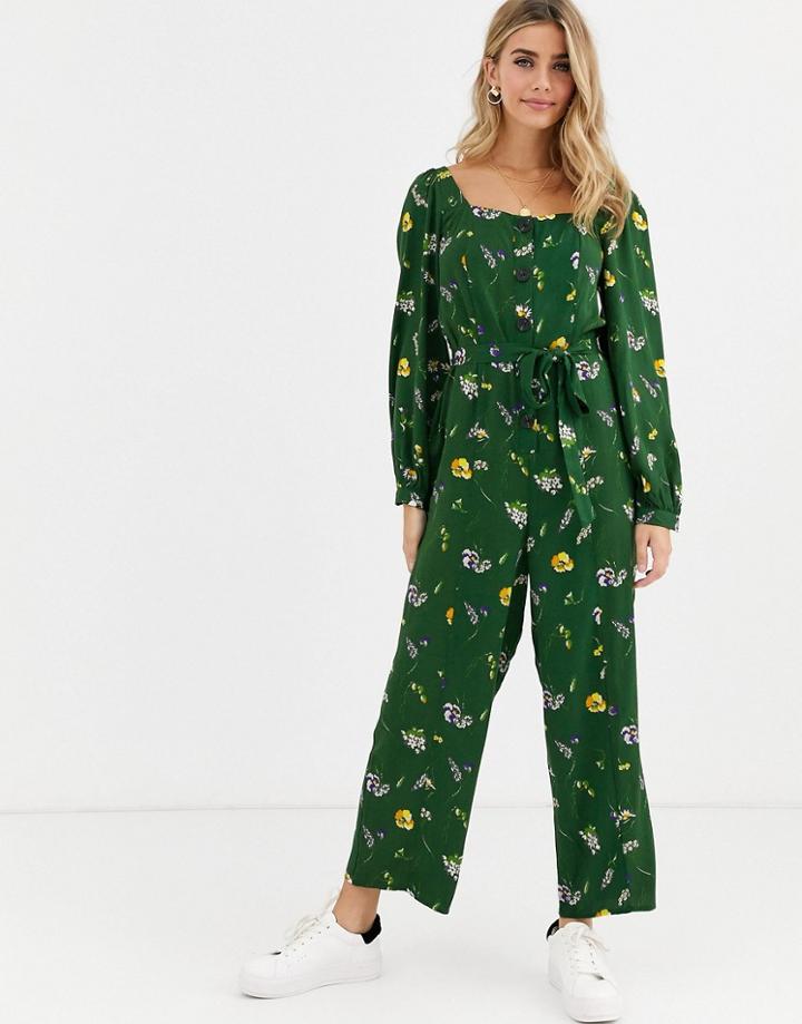 Asos Design Button Front Tie Waist Puff Sleeve Jumpsuit With Long Sleeves In Green Floral Print-multi