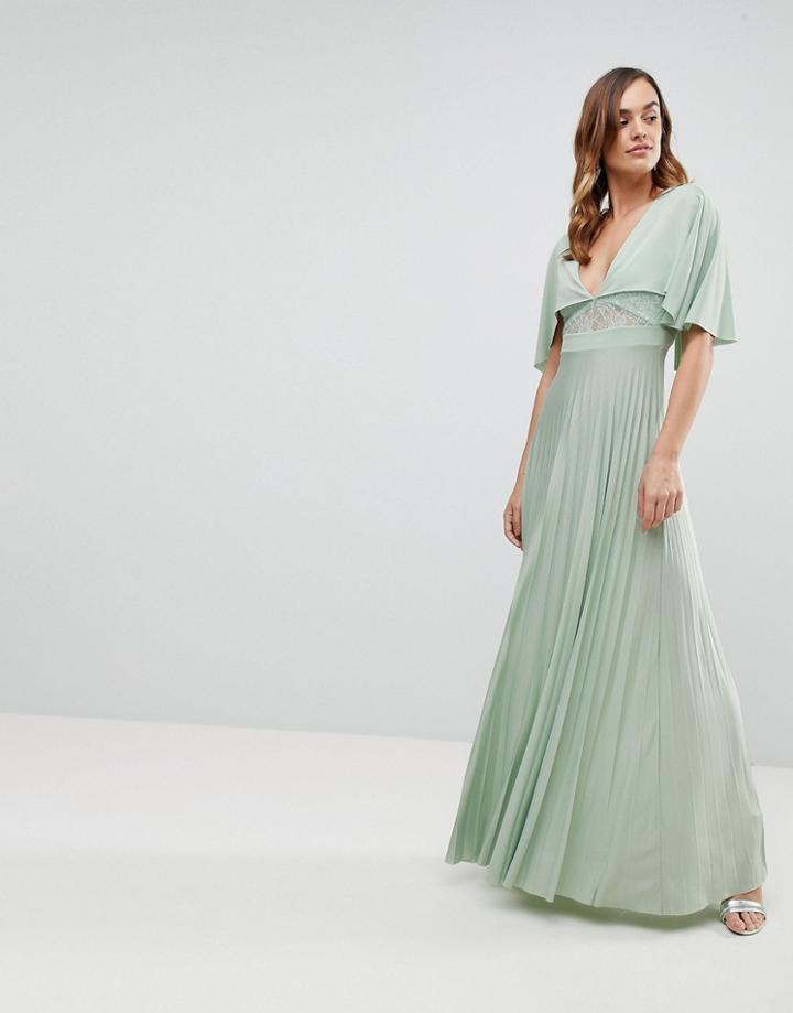 Asos Cape Pleated Lace Insert Maxi Dress - Green