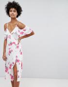 Warehouse Floral Print Cold Shoulder Wrap Dress - Cream