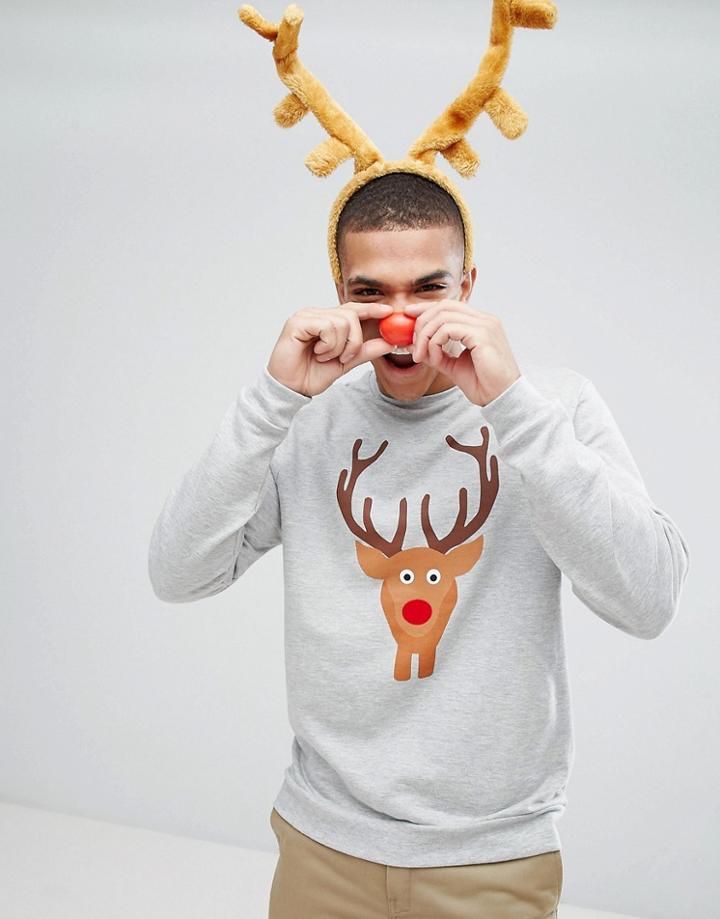 Asos Holidays Sweatshirt With Reindeer Print - Gray