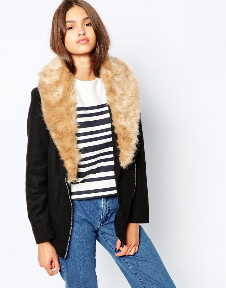 Barney's Originals Coat With Deep Faux Fur Collar - Black