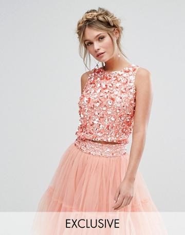 Lace & Beads Crop Top With 3d Embellishment Co-ord - Orange