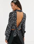 In The Style X Stephsa Print Cropped Blouse With Open Back Tie Detail-black