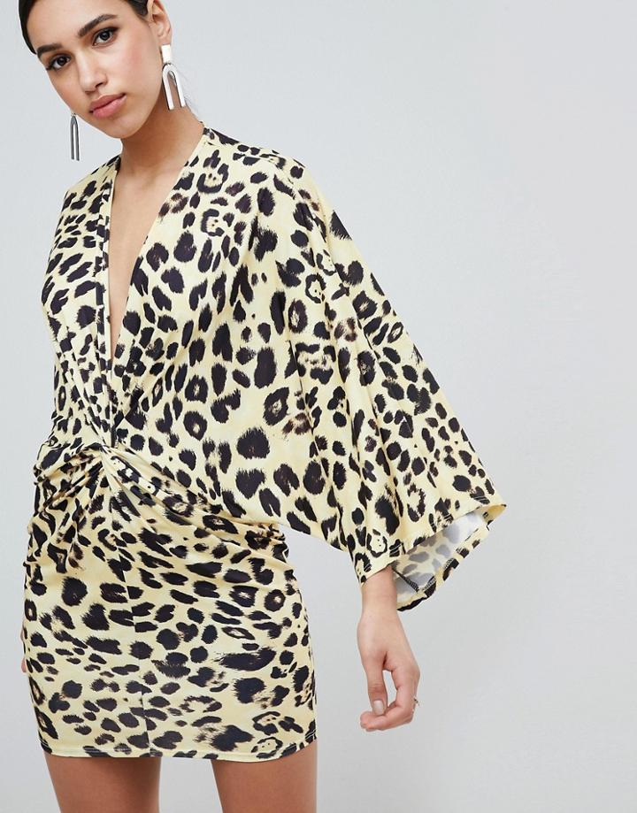 Flounce London Leopard Print Wrap Front Kimono Mini Dress-multi