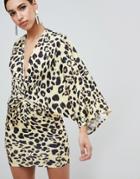 Flounce London Leopard Print Wrap Front Kimono Mini Dress-multi