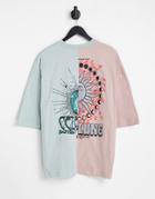 Asos Design Oversized T-shirt In Blue & Orange Color Block With Back Spliced Print-neutral