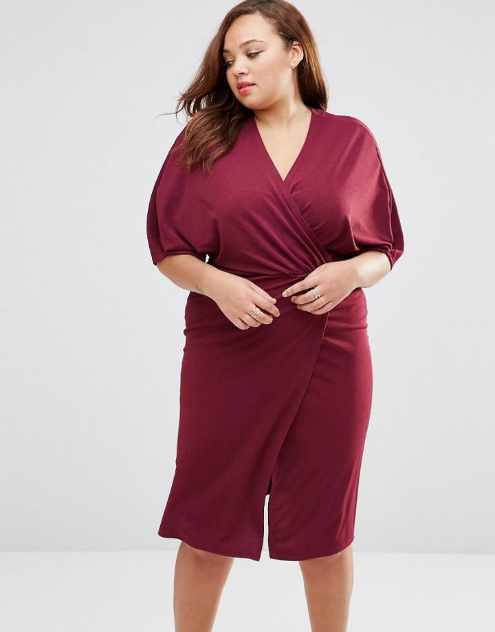Club L Plus Wrap Front Dress With Kimono Sleeves - Deep Purple