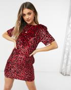 Asos Design Padded Shoulder Short Sleeve T-shirt Mini Dress In Red Velvet Leopard Print